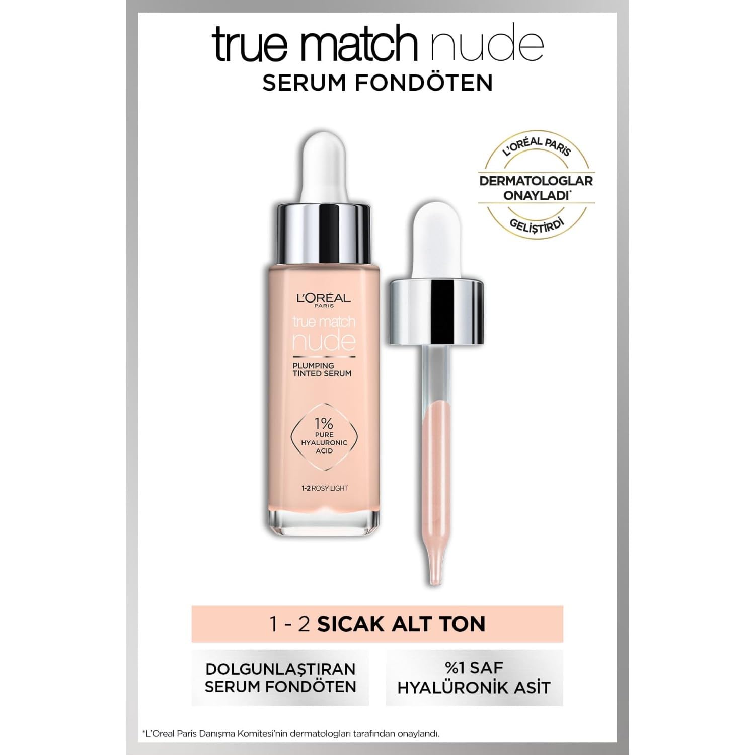 L'Oréal Paris True Match Tinted Serum Foundation, 1% Hyaluronic Acid, Hydrating Formula, Replumps Skin in 1 Hour for a Natural Glowing Finish, 30 ml, Shade 1-2 Rosy Light