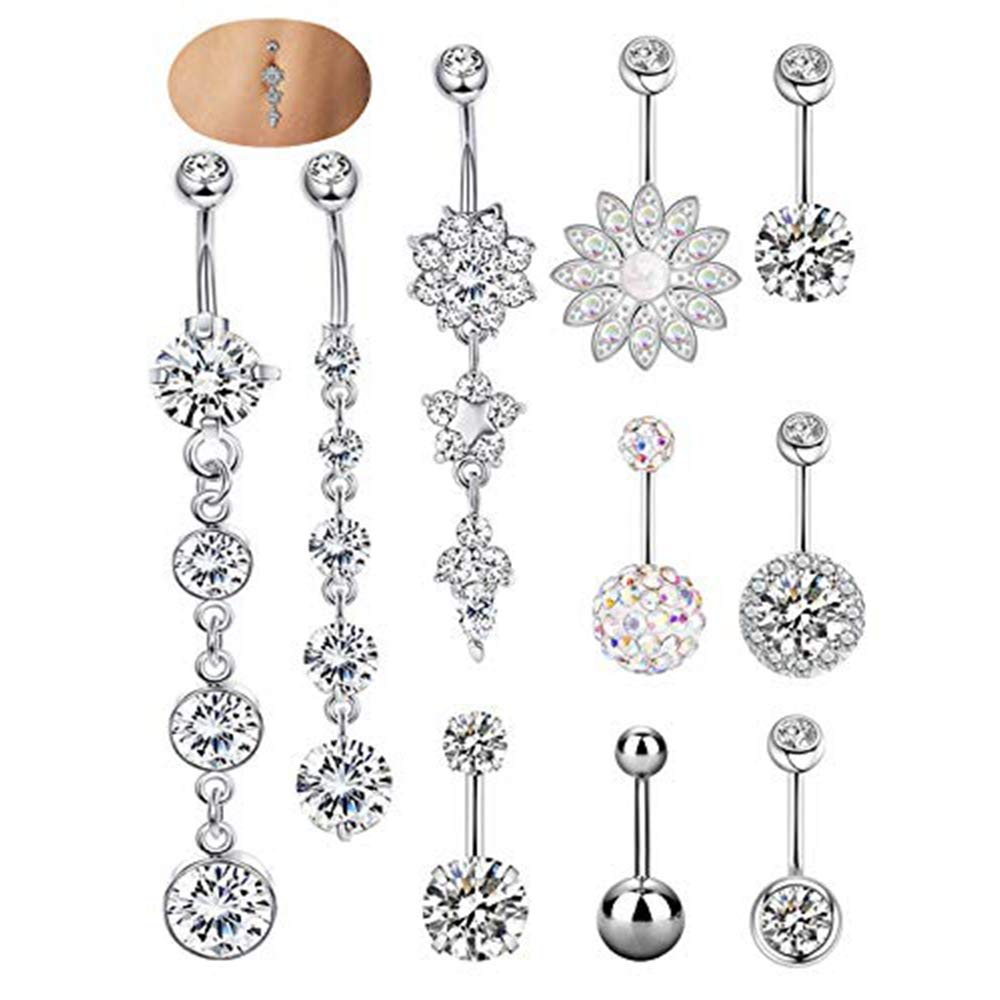 SEVENSTONE 10PCS Stainless Steel Belly Button Rings for Girls Women Navel Piercing Bars Body Jewelry