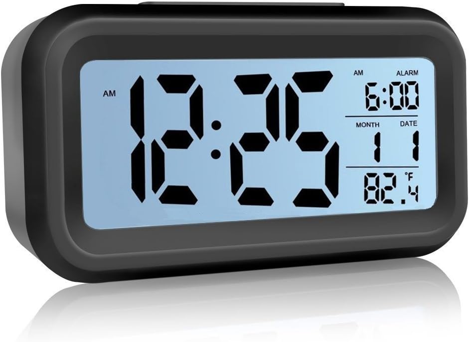Alarm Clock,Digital Clock Easy to Set and Watch,LCD Display Low Light Sensor Technology Soft Night Light Repeating Snooze Month Date & Temperature Display