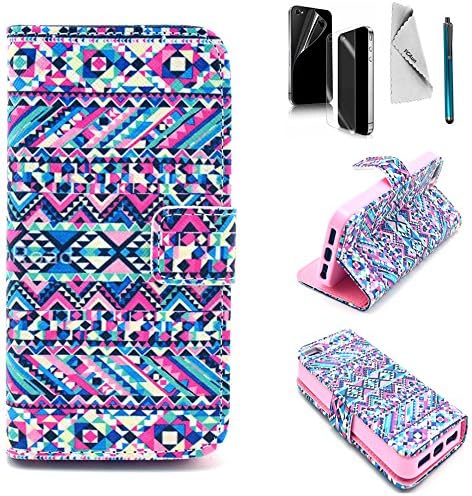 For iPhone 5s Case YCAun Wallet Flip Folio Cute PU Leather Stand Slim Fit Case With Card Holder Pocket Stylus Screen Protector and Cleaning Cloth [Tribal Pattern]