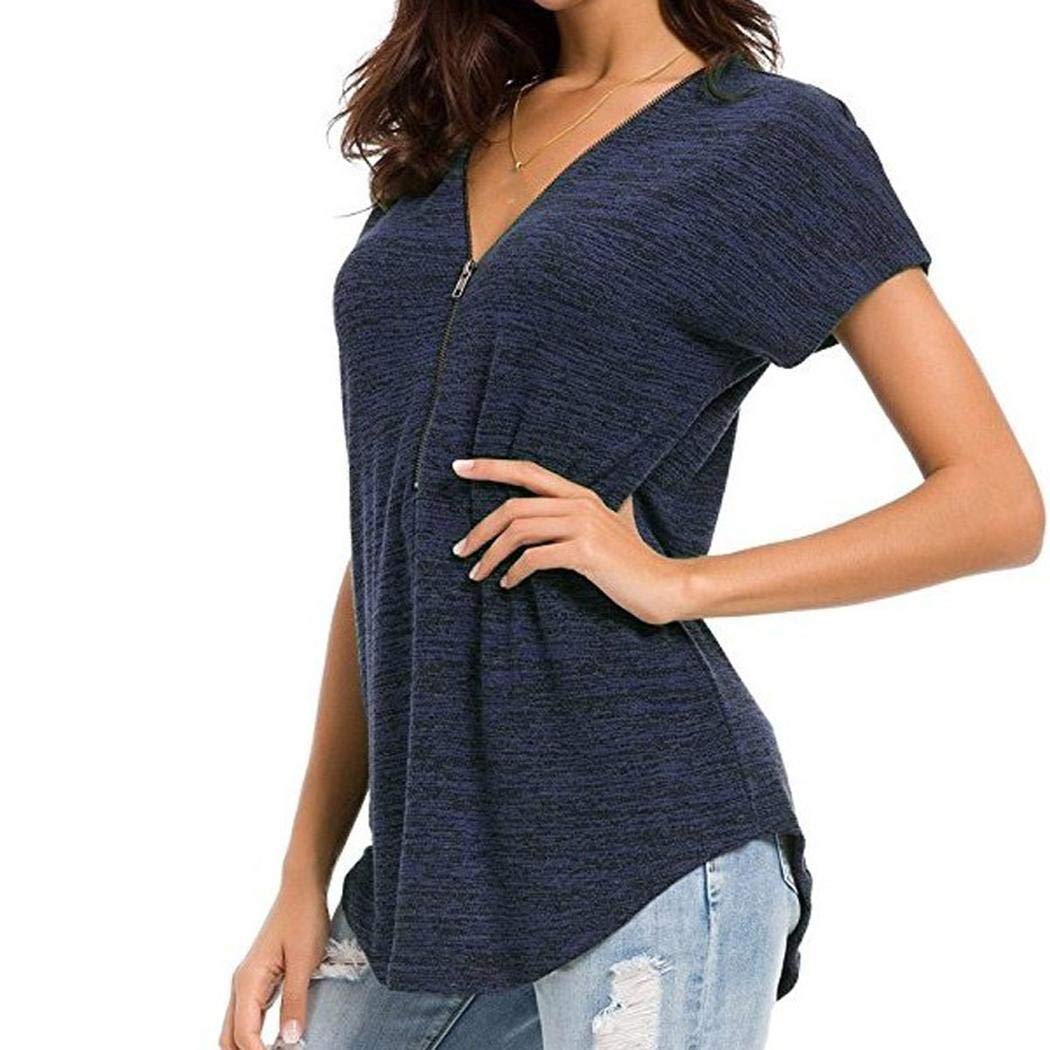 Suidone Womens Loose Fitting Zip Up Deep V Neck Short Sleeve Tops Tunic Casual T Shirts Blouse Blue