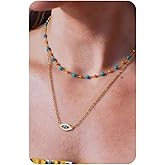 KRFY Turquoise Layered Necklaces for Women Trendy, 16K Plated Gold Necklace for Women, Strand Dainty Beaded Necklace Stack, Pendant Evil Eye Cross Necklaces for Women, Chain Choker Jewelry Non Tarnish