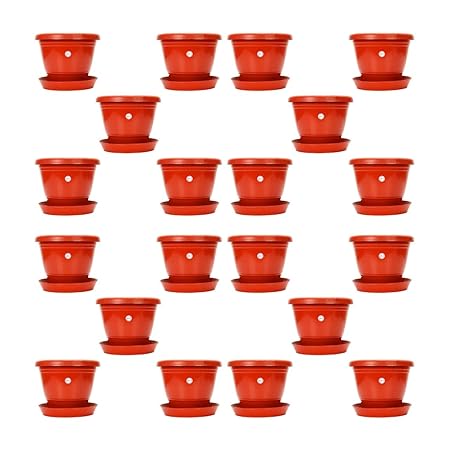 Kraft Seeds Gate Garden! 8 Inch Heavy Duty Plastic Planter Flower Pots with Bottom Tray (Set of 20) Pots with Red Bottom Plate/Tray Set Ideal for All Kind Flower Seeds & Plant & Nursery Use