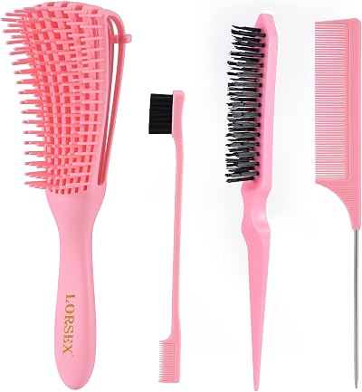 LORSEX Detangling Brush Set for Black Natural Hair Afro American 3a-4c Pink