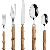 Bamboo Flatware Set 20 Piece, Hoften Plastic Handle Silverware Set for 4, Stainless Steel Cutlery Include Fork Spoon and Knif