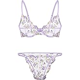 Lilosy Sexy Floral Embroidered Mesh Sheer Underwire Lingerie Set
