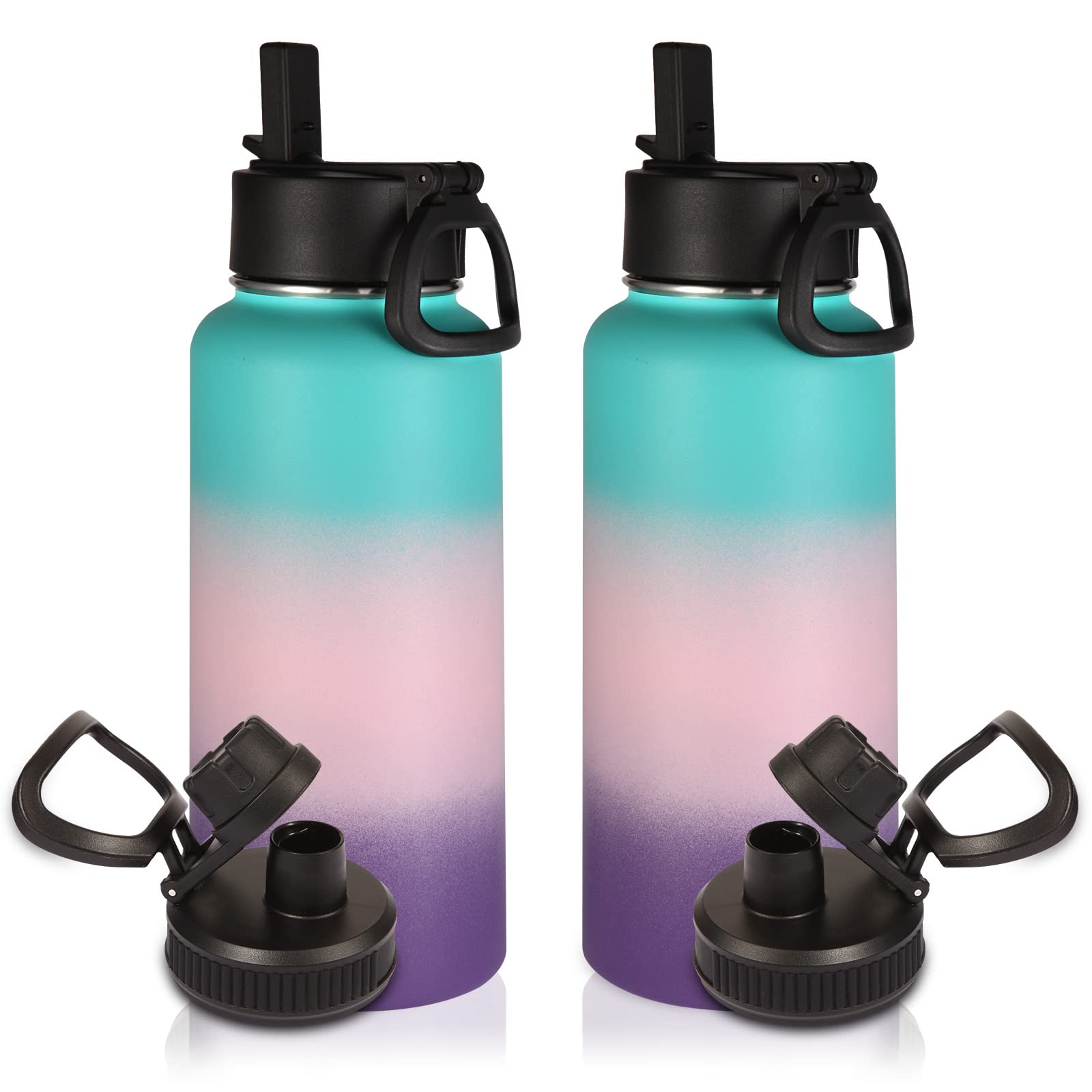 Volhoply 1 L Insulated Water Bottles Bulk 2 Pack with Straw Lid &Spout Lid,Stainless Steel Sports Water Bottle,Double Wall Vacuum Tumbler,Leakproof Wide Mouth Metal Flask for Travel(Gradient Color,2)