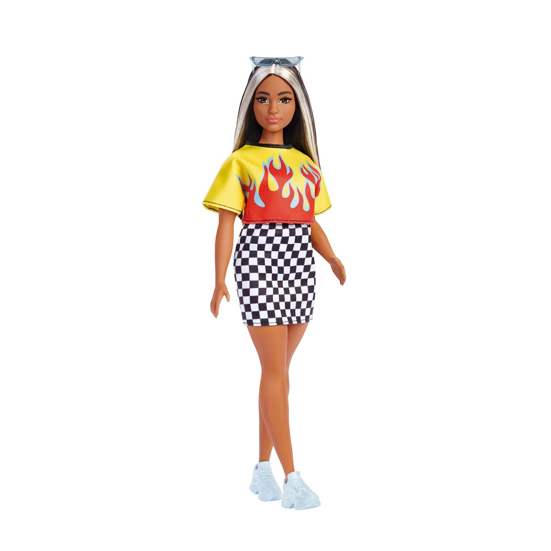 Barbie Fashionistas Doll #179, Curvy, Long Highlighted Hair & Flame Crop Top, Checkered Skirt, Sneakers & Sunglasses, Toy For Kids 3+