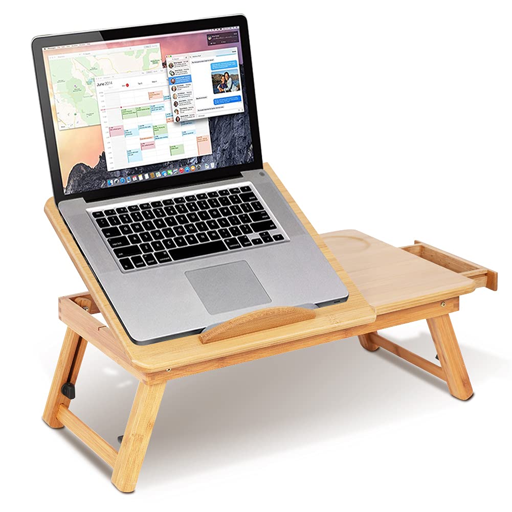 Bamboo Laptop Desk, Used for Working, Studying and Eating in Bed, Suitable for Dorm and Family Daily use, Height Adjustable and Viewing Angle Laptop Stand, Bamboo Laptop Stand for Desk