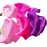 Belly Dance Faux Silk Veil Fans, 1 Pair (Left+Right) Faux Silk Bamboo Long Fans Veils, Handmade Belly Dance Dancing Silk Fans, Dance Performance