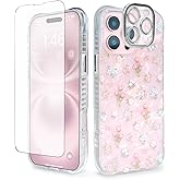 Plleuo Cute Tulip Flowers Bow Shell Pattern for iPhone 15 Pro Case, [3 in 1] with Screen Protector & Camera Lens Protector, Clear Soft Shockproof Slim Fit Floral Phone Cover for Women (Pink)
