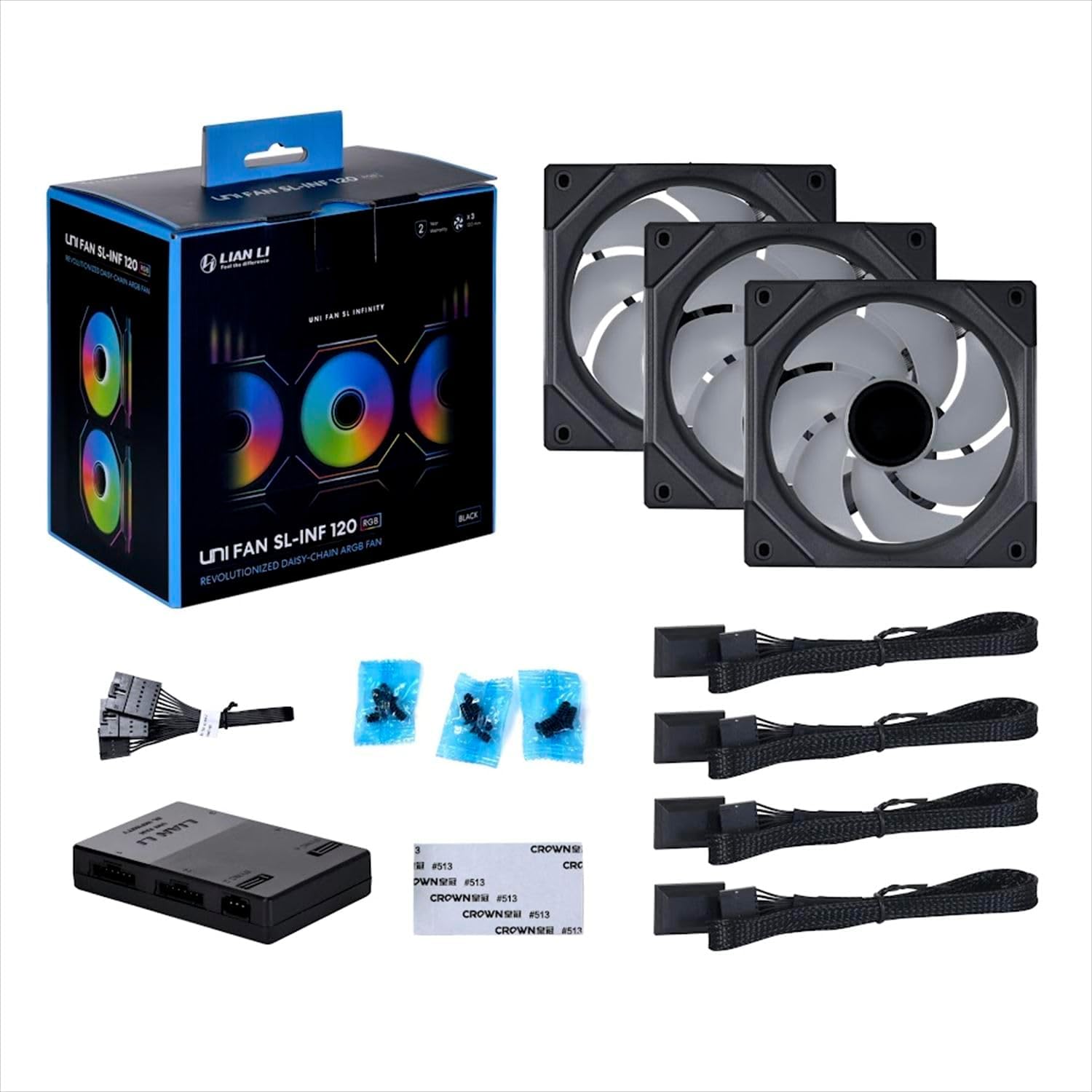 Lian Li UNL Fan SL-Infinity 120-Triple Pack-ARGB Fan (Non-Wireless) -Infinity Mirror-Daisy-Chain Design. Customizable Lighting Effects-One Cable Connection-with Controller-Black-UF-SLIN120-3B