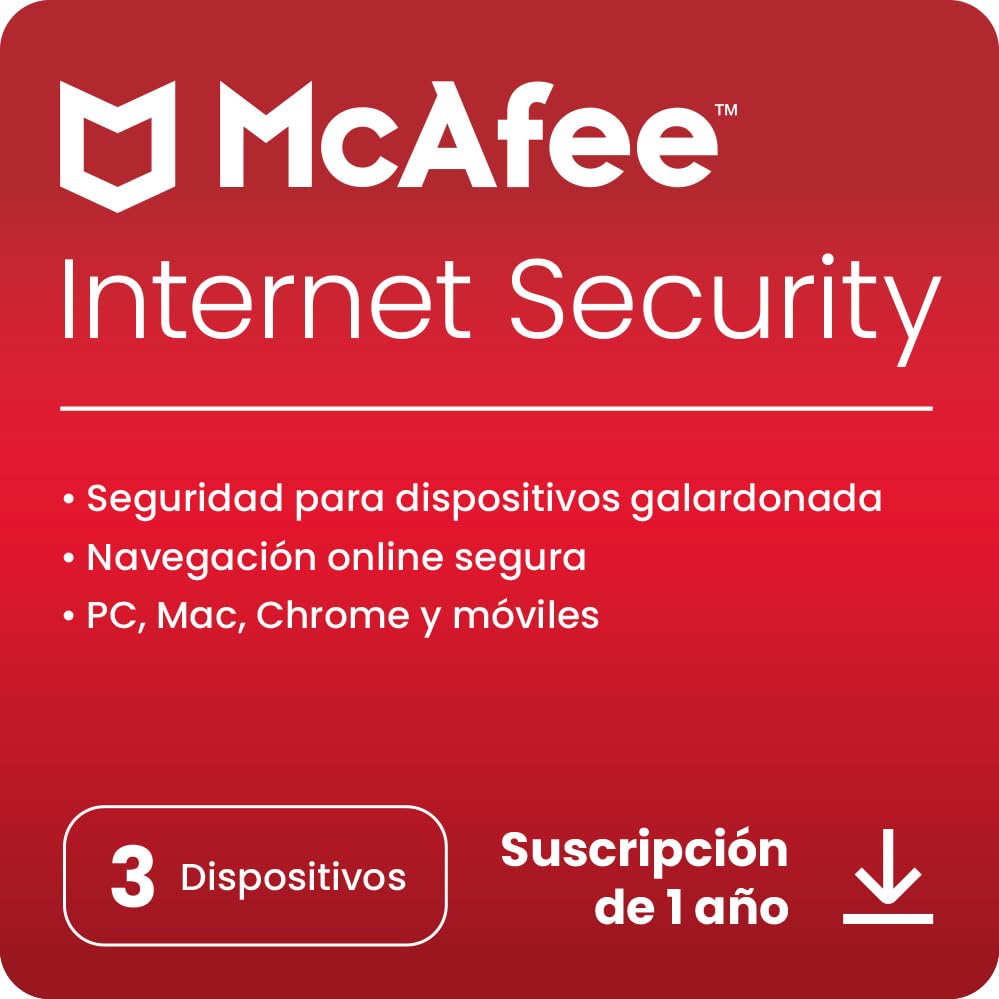McAfee Internet Security 2023 | 3 dispositivos | Antivirus y software de seguridad en Internet | Windows/Mac/Android/iOS | Suscripción de 1 año | Descargar código