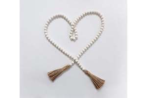 Rool 58in Wood Bead Garland Modern Farmhouse Decor Garland Boho Prayer Beads Neutral Home Decor Wood Beads with Tassels (Natural)