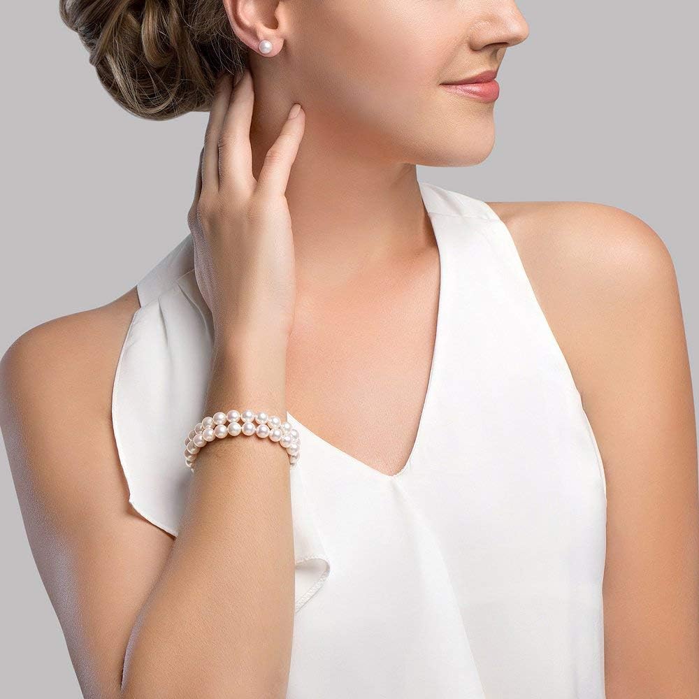 THE PEARL SOURCE Sterling Silver 6-7mm AAA Quality Round White Freshwater Cultured Pearl Double Strand Bracelet for Women: Jewelry