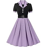 ODIZLI Women's 1950s Retro Dress Short Sleeve Notched Lapel Polka Dot Stripe Swing Dress with Belt Cocktail Dress