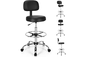 Giantex Drafting Chair, Leather Tall Office Chair with Thickened Cushion, Retractable Back and Adjustable Foot Ring, Swivel Counter Height Desk Chair, Drafting Stool for Bar, Spa, Studio, Lab, Shop