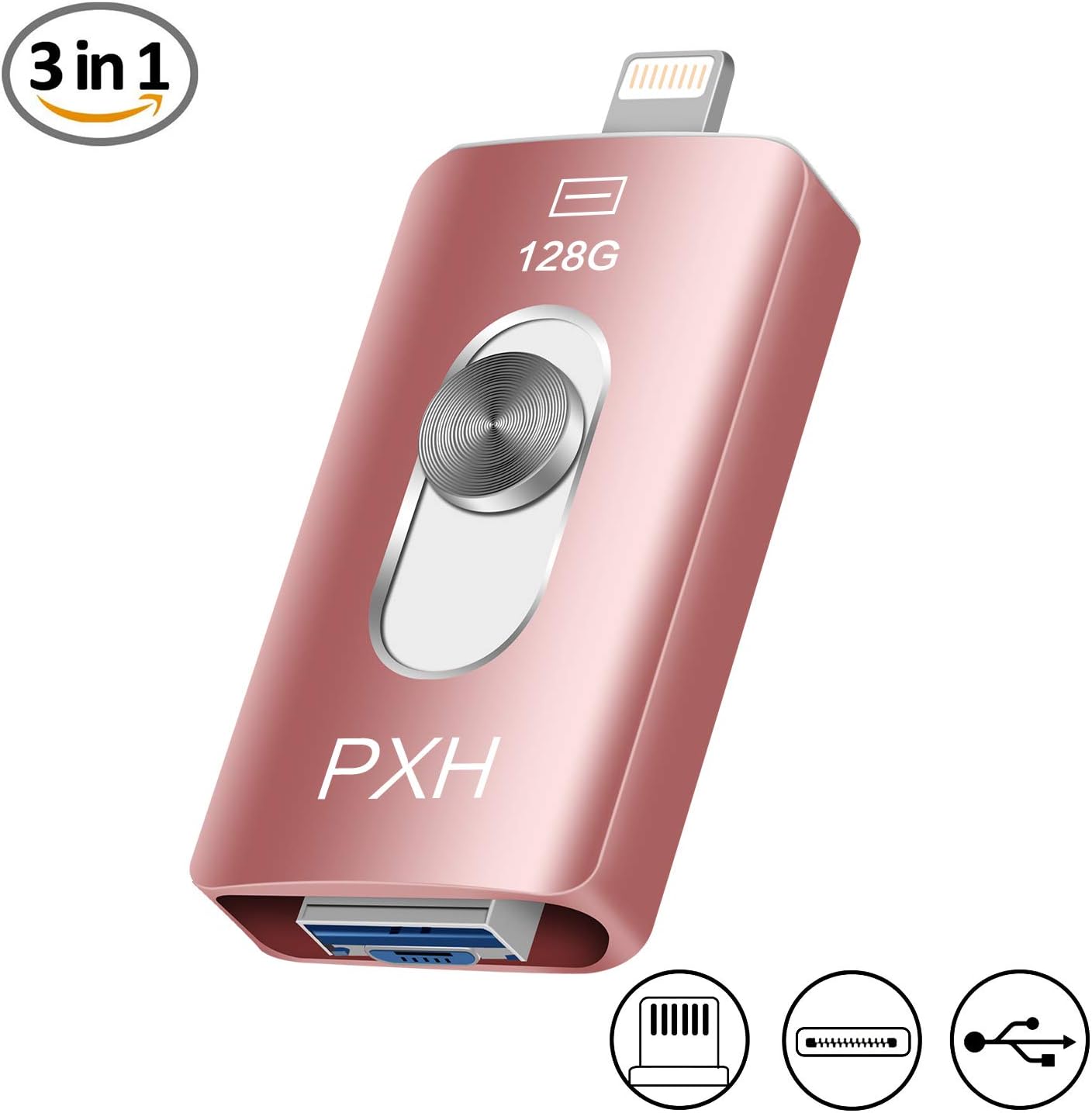 USB Flash Drive 128GB USB Stick iPhone Memory Stick External Storage Photo Stick PenDrive USB3.0 PXH 3in1 OTG Drive for Apple iPhone iOS MAC Android and Computer (Pink128)