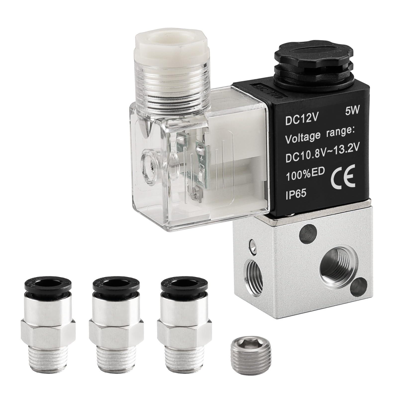 Heschen Electrical Pneumatic Solenoid Valve 3V1-06 12VDC PT1/8 3/2 Way Normally Closed CE with Fittings and Muffler (DC12V)