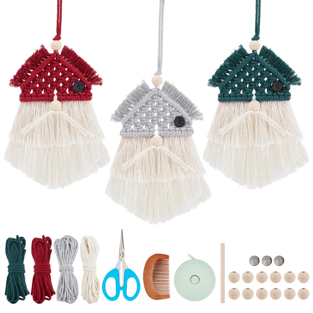 FREEBLOSS 3 Set DIY Macrame Christmas Gnome Kit Macrame Santa Claus for Christmas Tree Decor Macrame Hanging Ornaments Macrame Kit for Beginners with Insturctions Macrame Santa Elf Kit