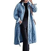 Jofemuho Womens Classic Jean Jacket Plus Size Loose Long Sleeve Button Down Denim Trench Coat