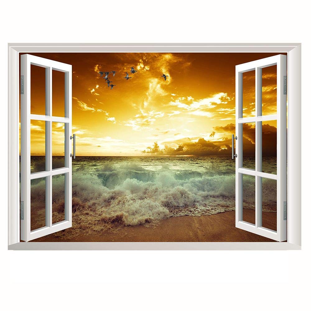 Lichi 3D Fake Window Wall Sticker of Sea Sunset View Scenery Wall Sticker Mural Decal for Home Decoration