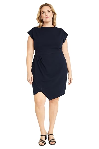 DONNA MORGAN WOMEN’S DRESSES SLEEK FAUX WRAP DRESS WITH ASYMMETRIC SKIRT OFFICE WORKWEAR EVENT GUEST OF, DOLMAN – TWILIGHT NAVY, 22