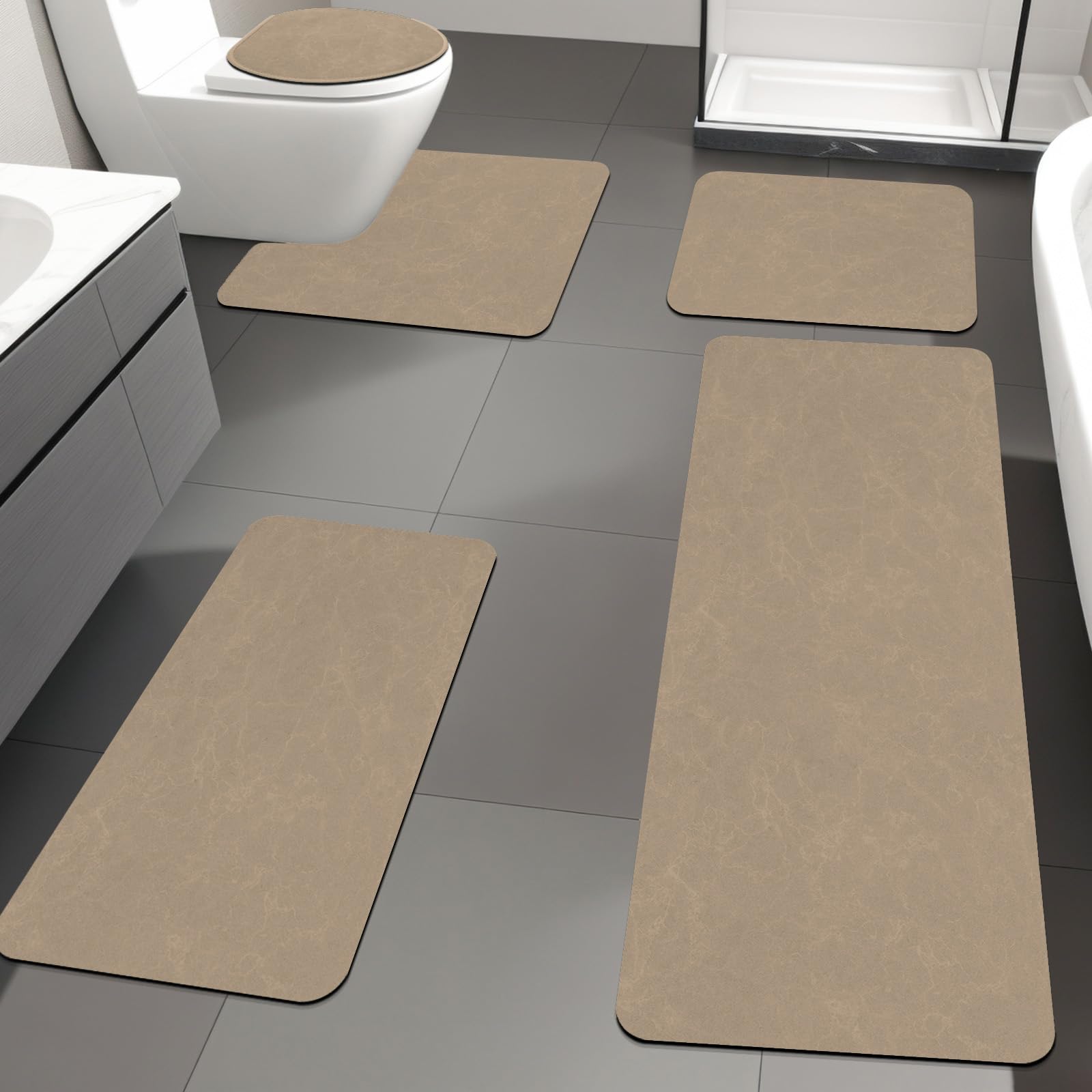 Photo 1 of ***(MISSING PARTS)***YIHOUSE Khaki Bath Mat Rug Sets 5 Piece,Brown Ultra Thin Bathroom Rugs Fit Non Slip Bathroom Mat Quick Dry, Absorbent Rubber Bath Mats for Bathroom Floor,Shower