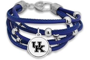 FTH Women’s Bracelet, Leather Cord Bracelet with Silver Beads and Team Logo Charm, Officially Licensed NCAA Women’s Jewelry, 7.5 Inch