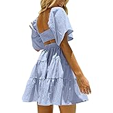 OWNGIGI Women's Summer Dresses Square Neck Short Sleeve Cutout Crossover Elastic Waist Casual Party A-Line Mini Dress