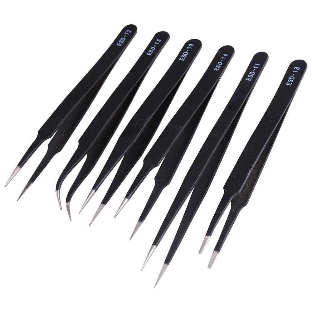 DollaTek 6pcs Anti-Static Stainless Steel Tweezers Set Maintenance Repair Tool Kit