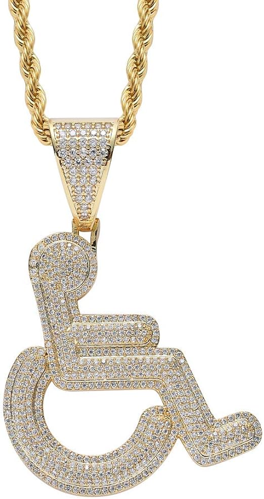 Moca Jewelry Iced Out Disabled Wheelchair Logo Pendant Necklace 18K Gold Plated Bling CZ