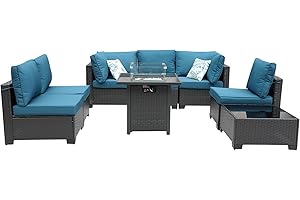 Ophelian 8-Piece Patio Set Furniture Rattan Wicker Outdoor Sectional Sofa with 28" Gas Fire Pit Set and Cushions, Conversation Set for Backyard, Patio, Garden, Coffee/Peacock Blue