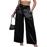 Baczoe Women's Satin-Look Cargo Pants, Fashion Metallic High Waist Outfits with Pockets