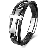 BIYONGDE Mens Stainless Steel Mirror Polished Horizontal Sideway Lateral Cross Three-strand Black Leather Bangle Bracelet, Religion Prayer, Elegant Classic