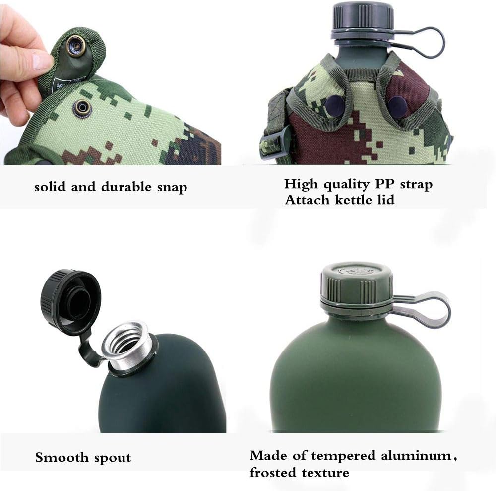 Jadedragon Military Canteen Water Bottle, Aluminium Water Canteen Reinforced Nylon Cover Belt Holster, Capacity 1/1.5/2/2.5/3L Portable Water Bottles with Shoulder Strap