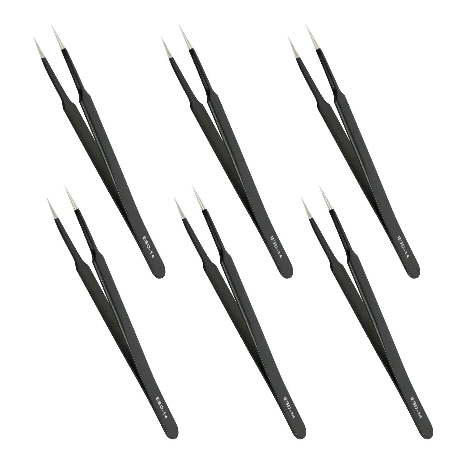 Aoje-Link ESD-14 Professional Anti-Static Technology Tweezers, Non-Magnetic Tip Straight, Stainless Steel Plastic Coated, Full Length 120mm, Black, 6pcs