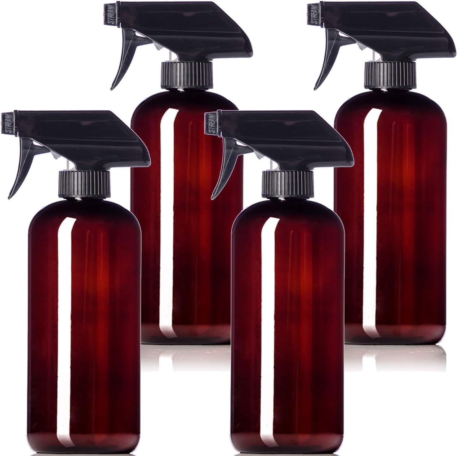 16oz Amber Plastic Bottles with Black Trigger Sprayers, BPA Free PET Plastic (4 Pack, Amber)