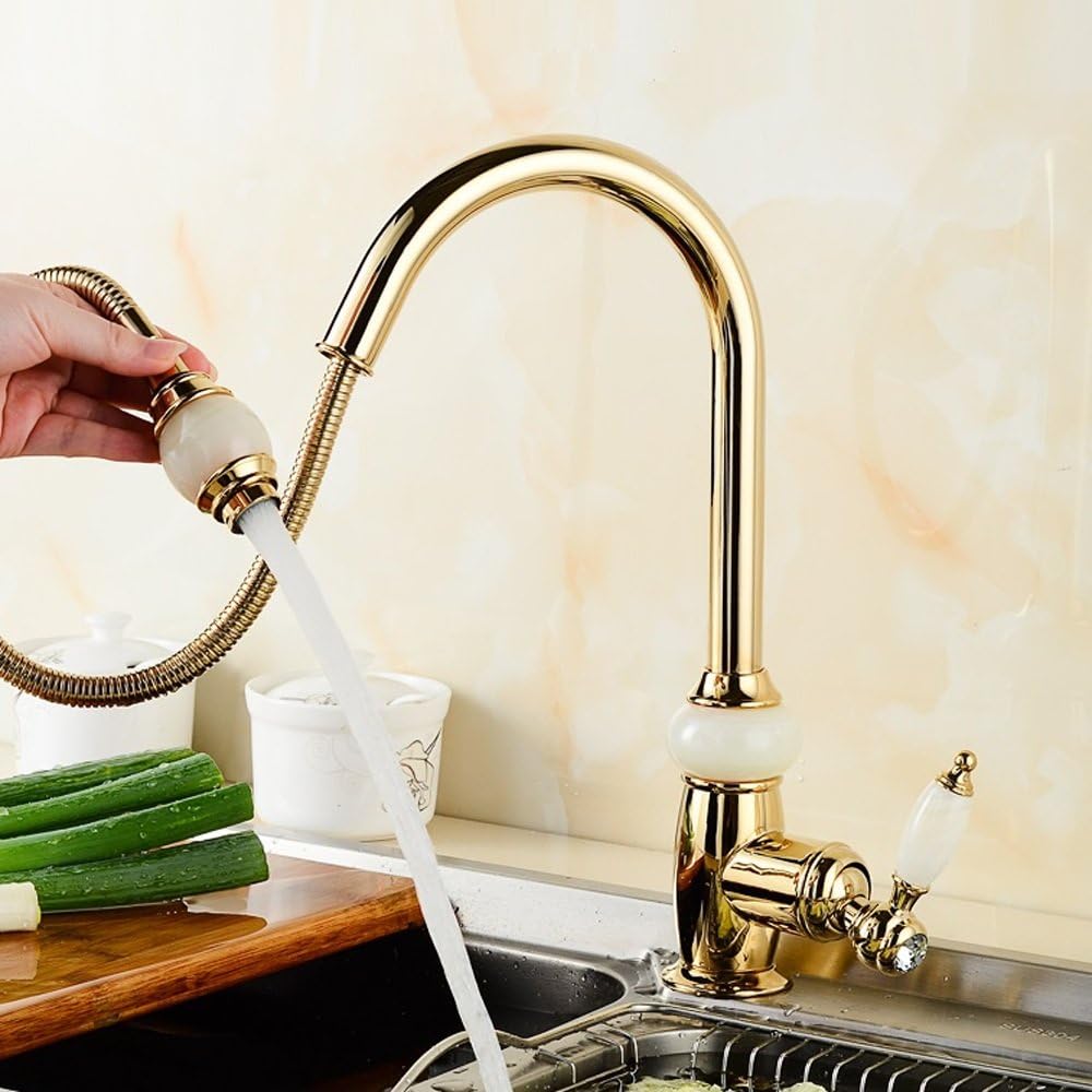 Neilyn Luxury Kitchen Pull out Faucet Tap Retro 360 Degree Rotation Rose Gold All-brass with Jade for Cold and Hot Mixer Tap Sink Faucet Vegetable Washing Basin Faucet (Color : Gold)