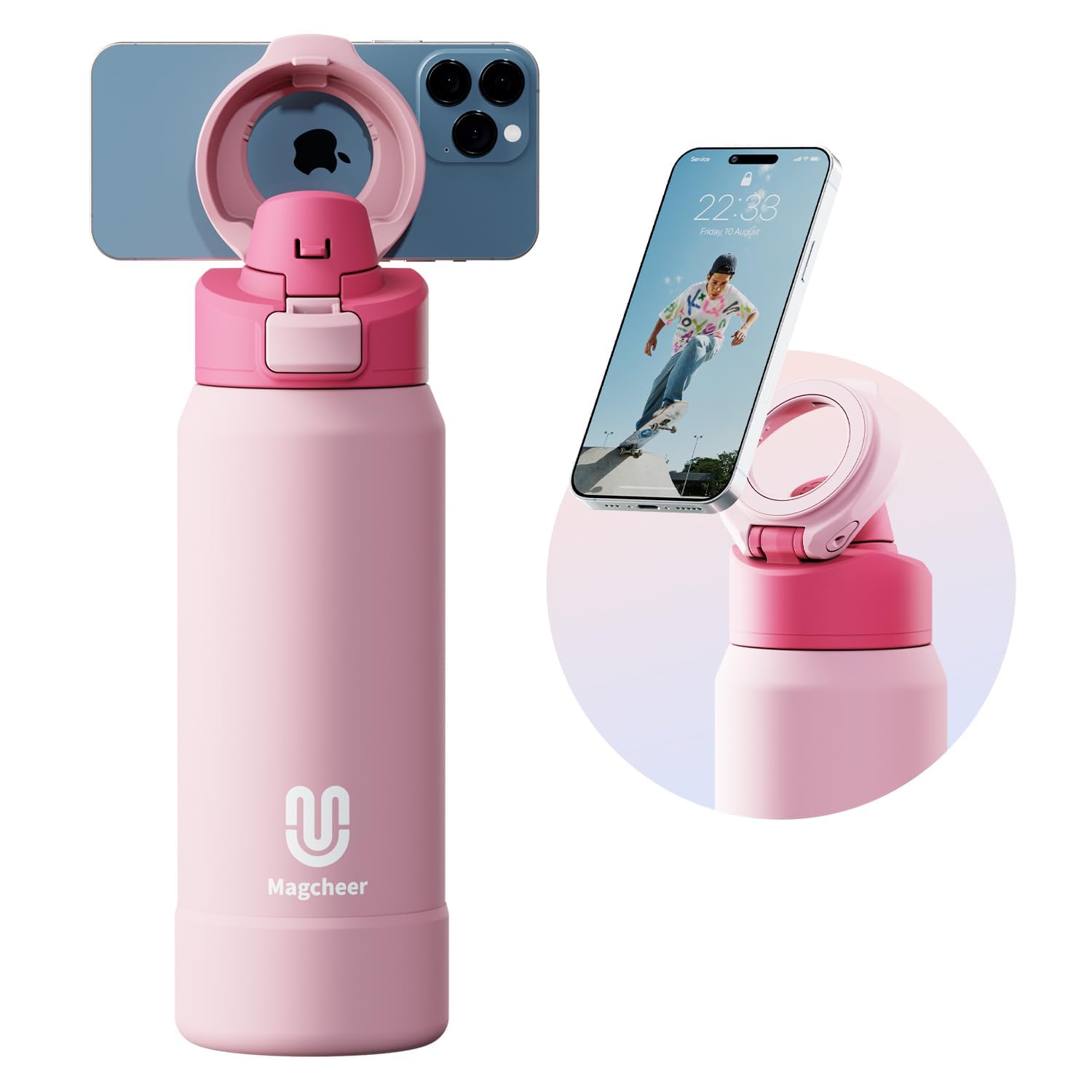 magcheer 1L Magnetic Water Bottle with Phone Holder Compatible with MagSafe Insulated Gym Cold Drink Bottle for 24 Hours Tripod Bottle for Travel & Fitness Selfie(Pink)