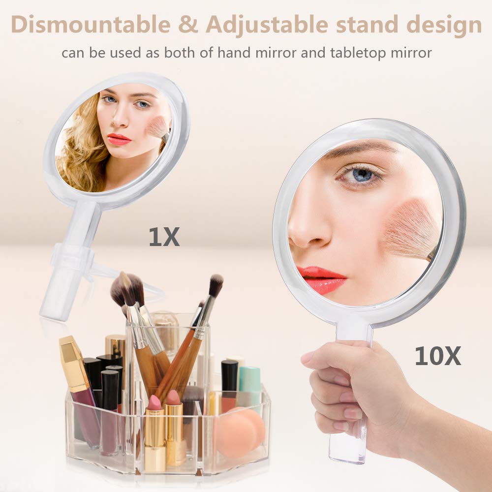 Gotofine 1X & 10X Magnifying Double Side Hand Makeup Mirror with Stand, Handheld Vanity Mirror, Clear: Furniture & Decor