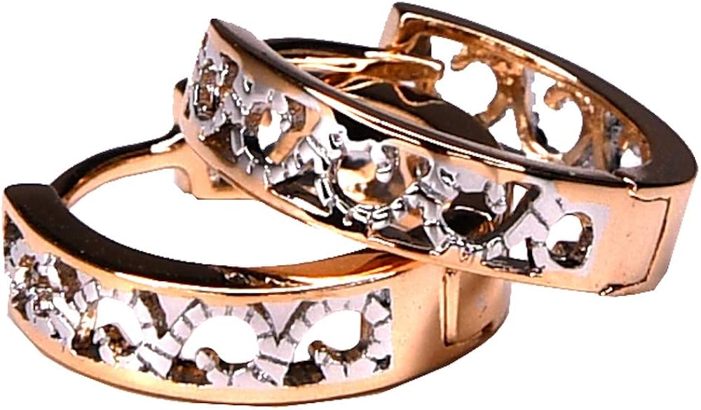 13mm 0.50" Inch Delicate Filigree Flower Lace Hollow Huggie Hoop Earrings, Yellow Gold Filled Plated, Hinge with Notched Post Clasps