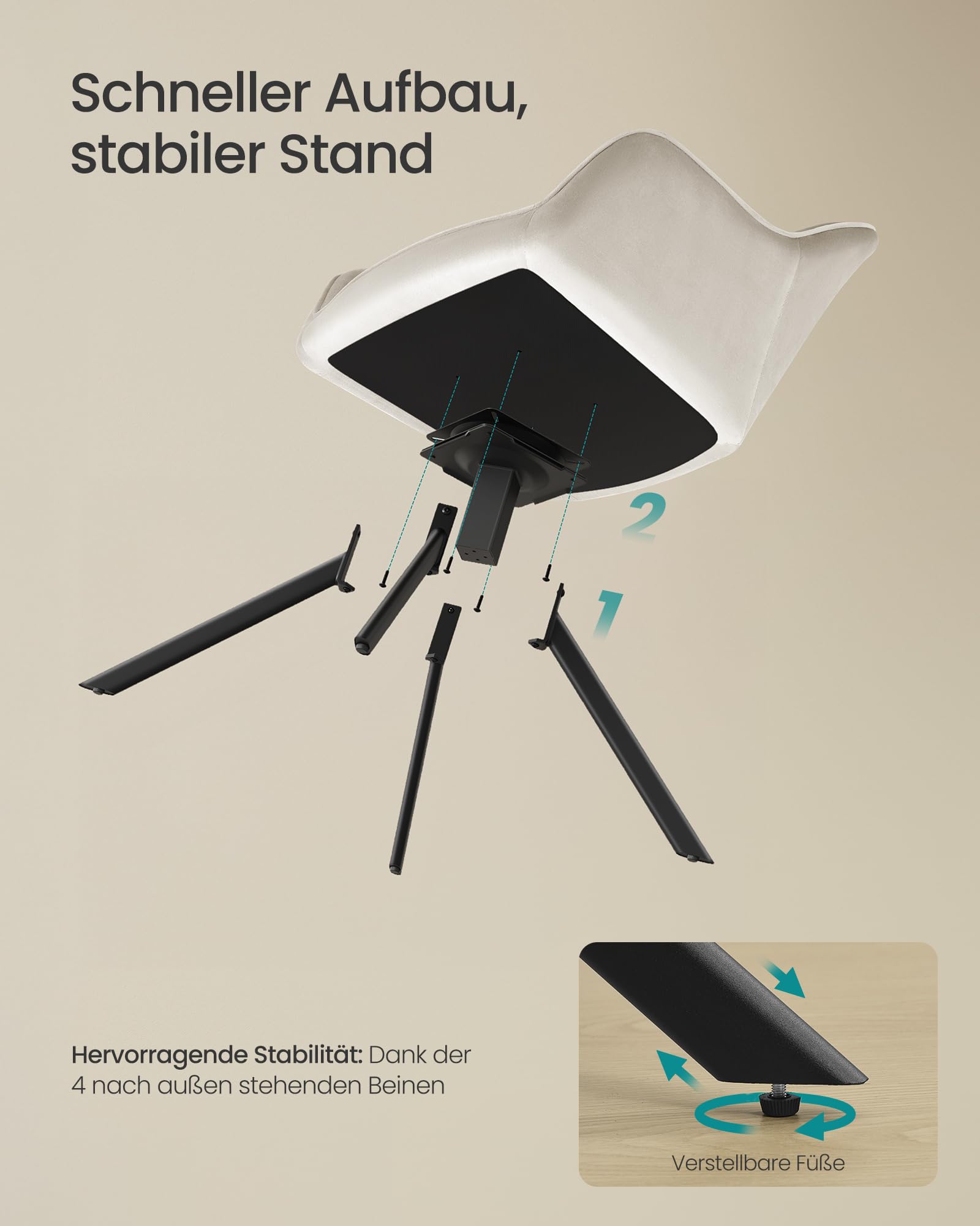 SONGMICS Esszimmerstuhl, bis 120 kg belastbar, Küchenstuhl, Sessel drehbar, Samt, Polsterstuhl mit Armlehnen, Stahlbeine, für Esszimmer, Küche, cappuccinobeige-tintenschwarz KDC161LH01V2 7