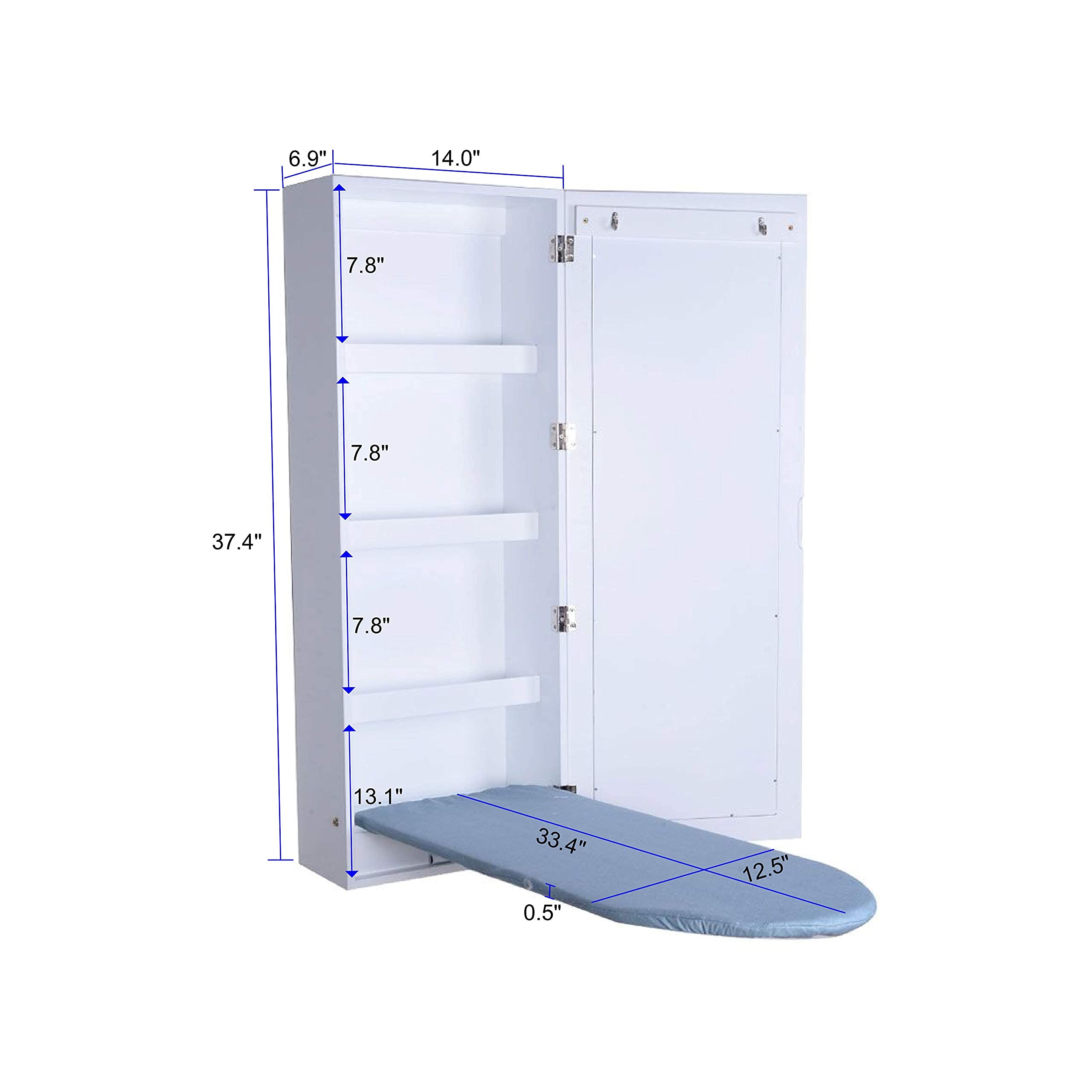 Facilehome Wall Mounted Ironing Board Cabinet, Built in Foldable Ironing Board Closet with Storage, Mirror Door, White