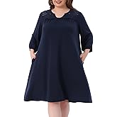 Agnes Orinda Plus Size Summer Dress for Women Eyelet Hollow Out Notched V Neck 3/4 Sleeve Midi t Shirt Dress with Pockets