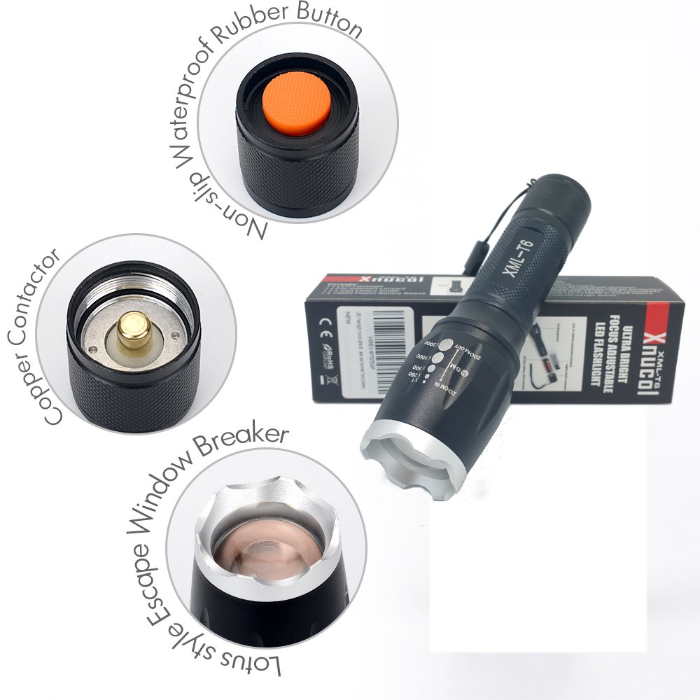 LED Flashlight,Xnucol Ultra Bright Multifunction Focus Adjustable Flashlight For Outdoor Sport Explore Home Lighting Car Emergency Escape Window Breaker and Survival Torch (Silver)