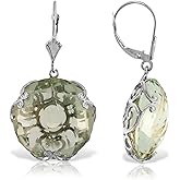 14k Solid White Gold Leverback Earrings with Checkerboard Cut Round Green Amethysts