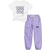 ARTMINE Girls' 2 Piece Outfits Casual Drawstring Jogger Pants and Basic Short Sleeve Top Set, 6-14 Years