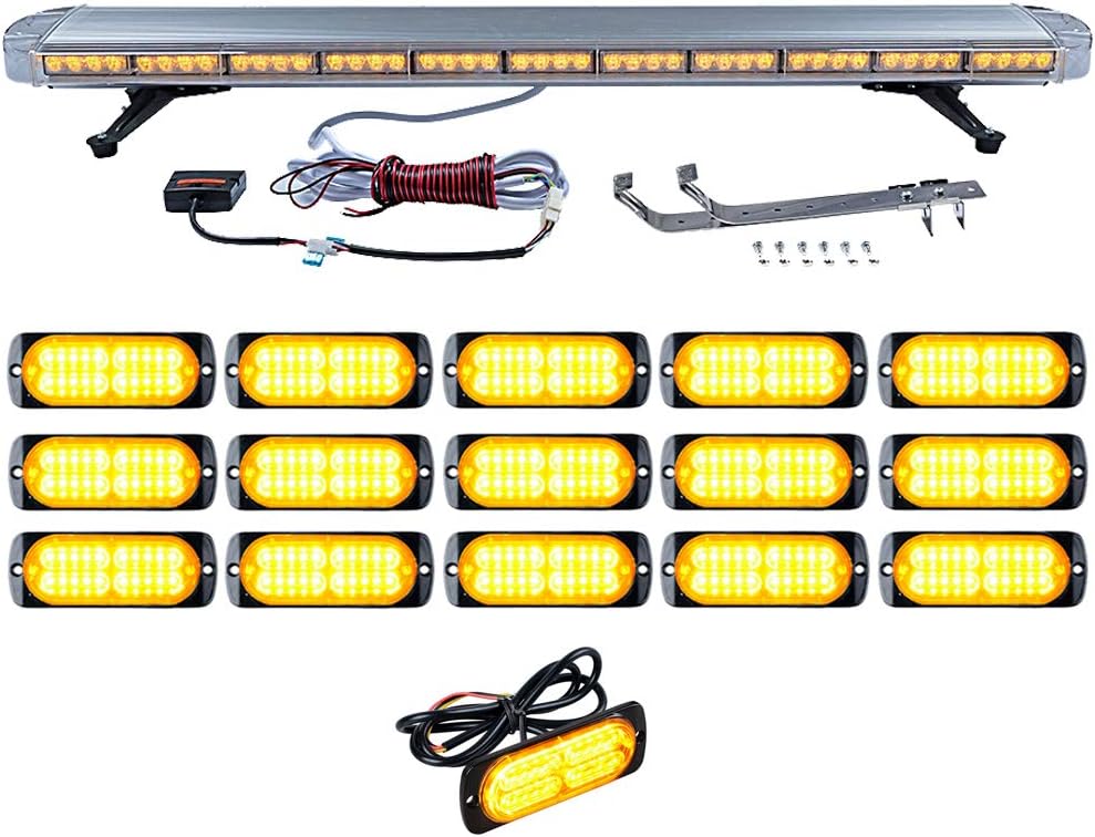Set 1pc 51" 96-LED 96W Emergency Warning Security & 16pcs Super Thin 20 LED Construction Hazard Dash Grille mini Strobe Light Bar Tow Truck Respone (AMBER)