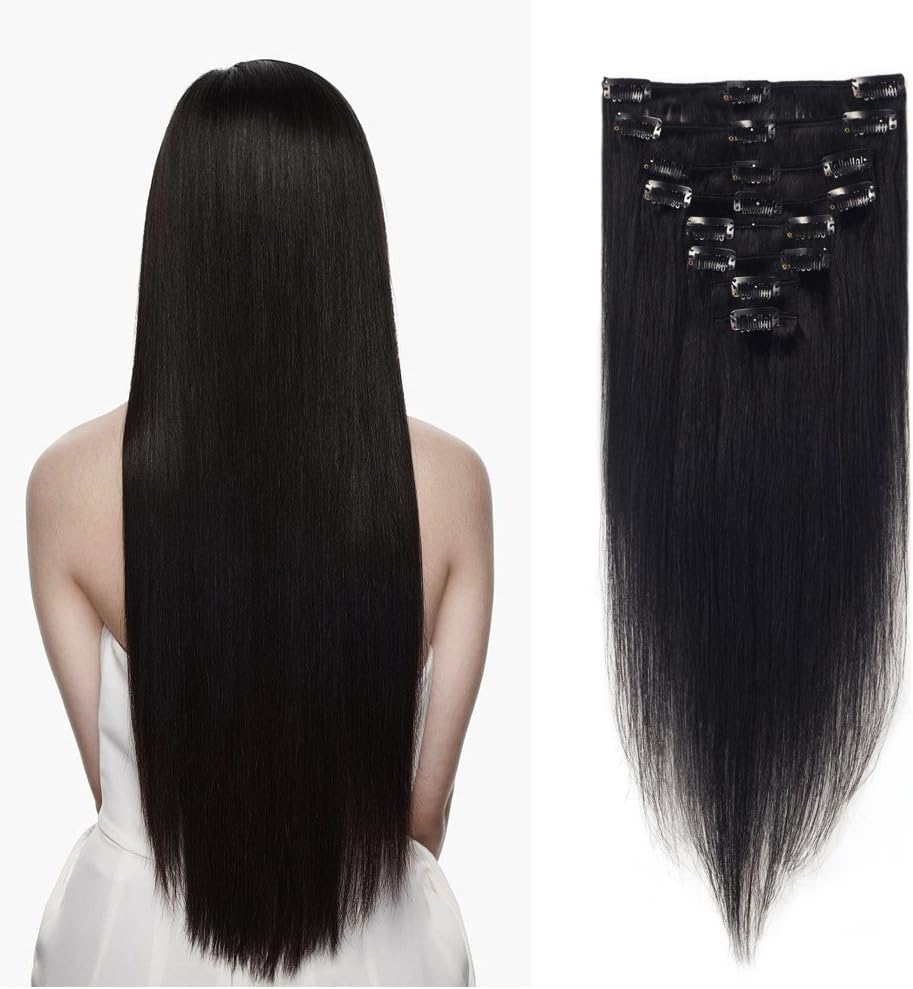 LFLIN Clip In Human Hair Extensions 100% Real Remy Jet Black Full Head Long Soft Silky Straight 8pcs 18clips For Women Beauty.